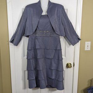 R & M Richards Dusty Blue Metallic Beaded Dress & Jacket Set - size 16